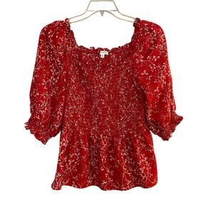 Max Studio Women's Size XL Red Floral Printed Smocked Peasant Square Neck Blouse